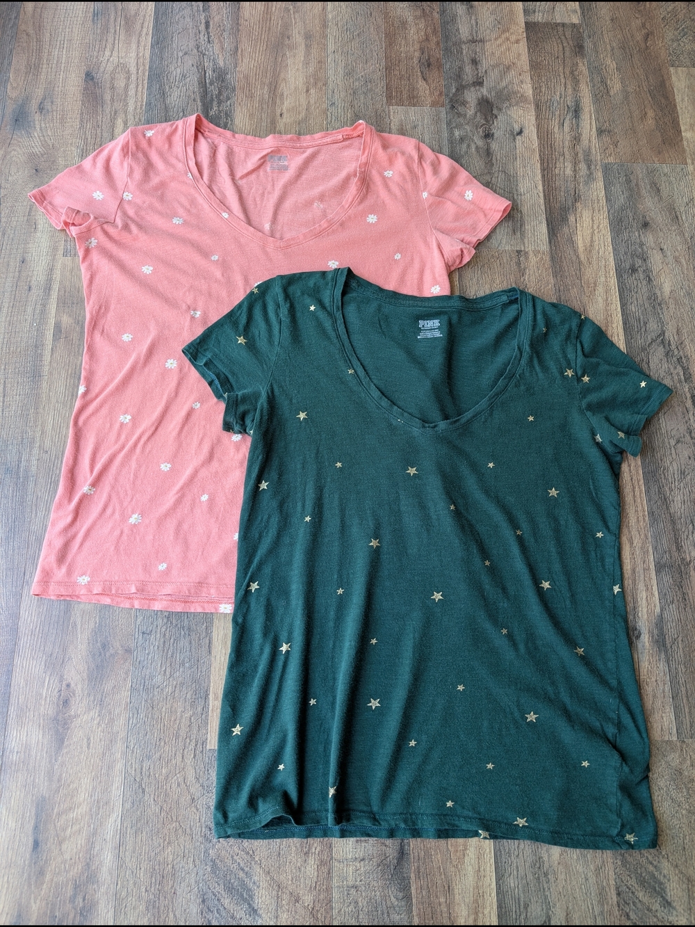 PINK Victoria's Secret V-Neck Tees In Coral Daisy and Green Star Prints